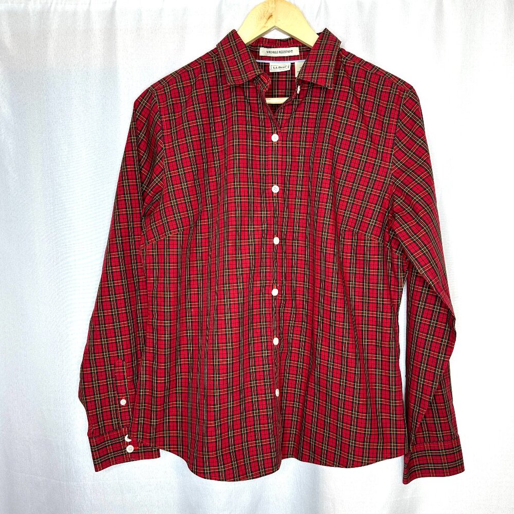 LL Bean Women’s Fitted Button Down Red Plaid Shirt, Medium Preppy Nature Outdoor